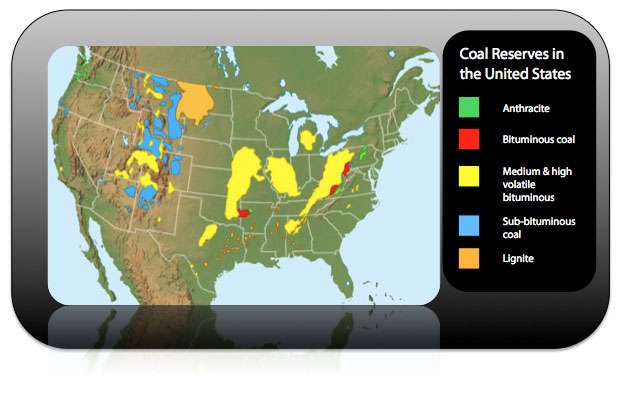 Mapa zásob uhlí Spojených států. 